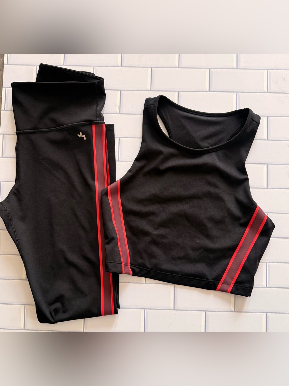 JoyLab Black Leggings & Crop Tank with Red Stripe
